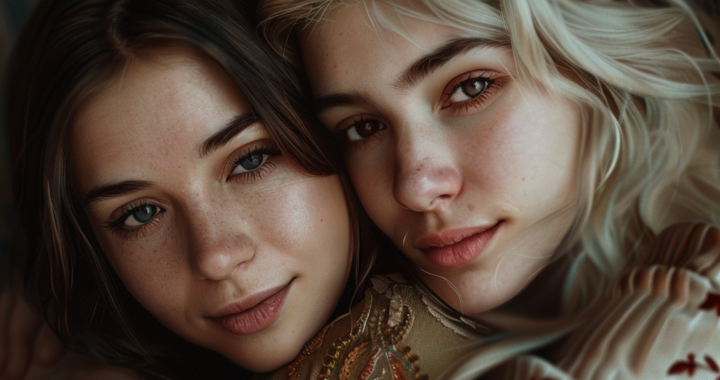 Image of young women hugging each other in a hopeful way, looking at the camera, hyper-realistic, blurred background, embolización