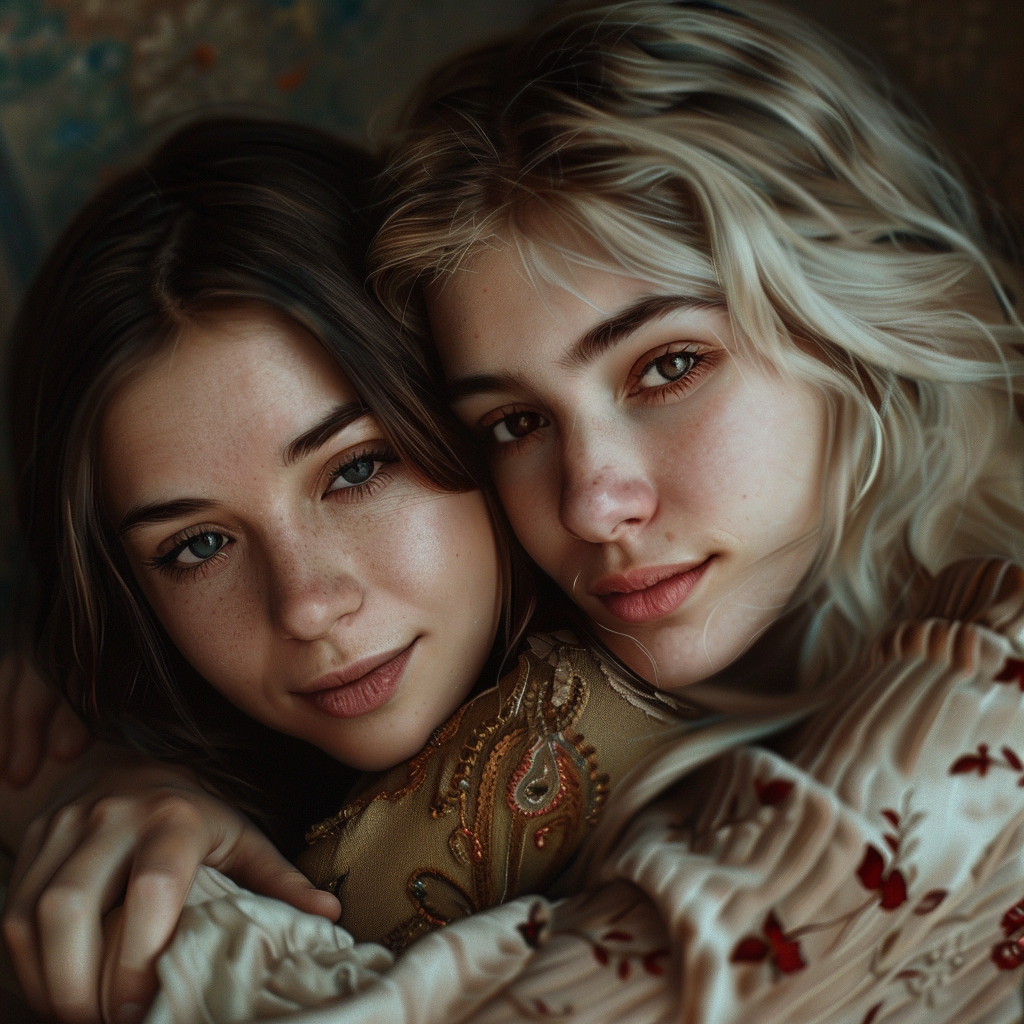 Image of young women hugging each other in a hopeful way, looking at the camera, hyper-realistic, blurred background, embolización